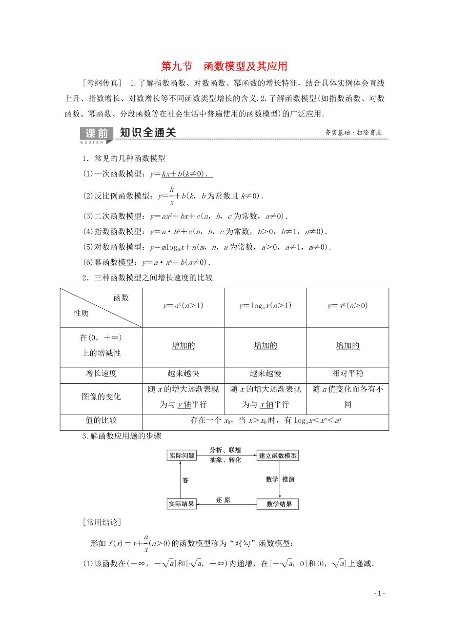 2020版高考數(shù)學(xué)一輪復(fù)習(xí) 第2章 函數(shù)、導(dǎo)數(shù)及其應(yīng)用 第9節(jié) 函數(shù)模型及其應(yīng)用教學(xué)案 理（含解析）北師大版_第1頁(yè)