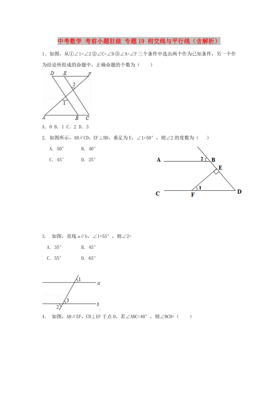 中考数学 考前小题狂做 专题19 相交线与平行线（含解析）_第1页