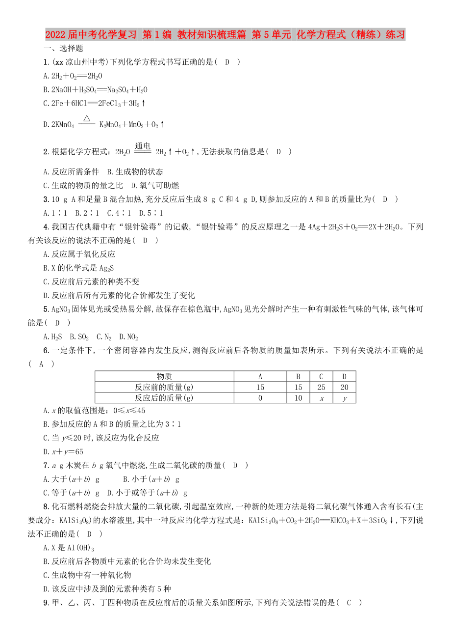 2022屆中考化學(xué)復(fù)習(xí) 第1編 教材知識梳理篇 第5單元 化學(xué)方程式（精練）練習(xí)_第1頁