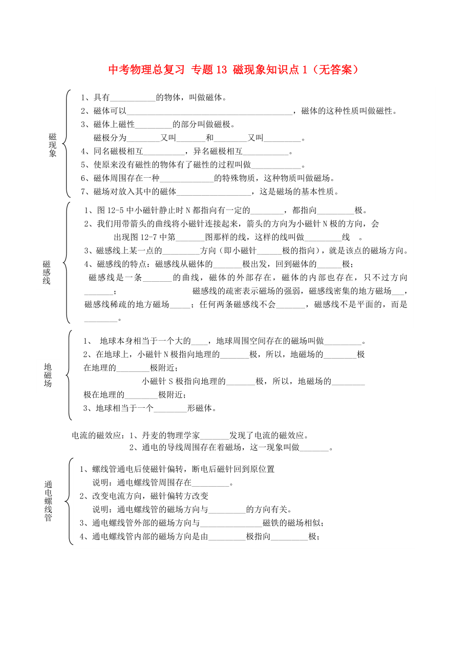 中考物理总复习 专题13 磁现象知识点1（无答案）_第1页