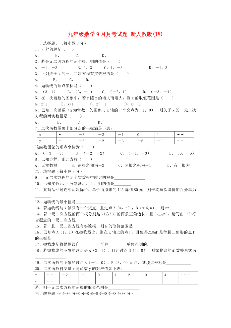 九年級(jí)數(shù)學(xué)9月月考試題 新人教版(IV)_第1頁