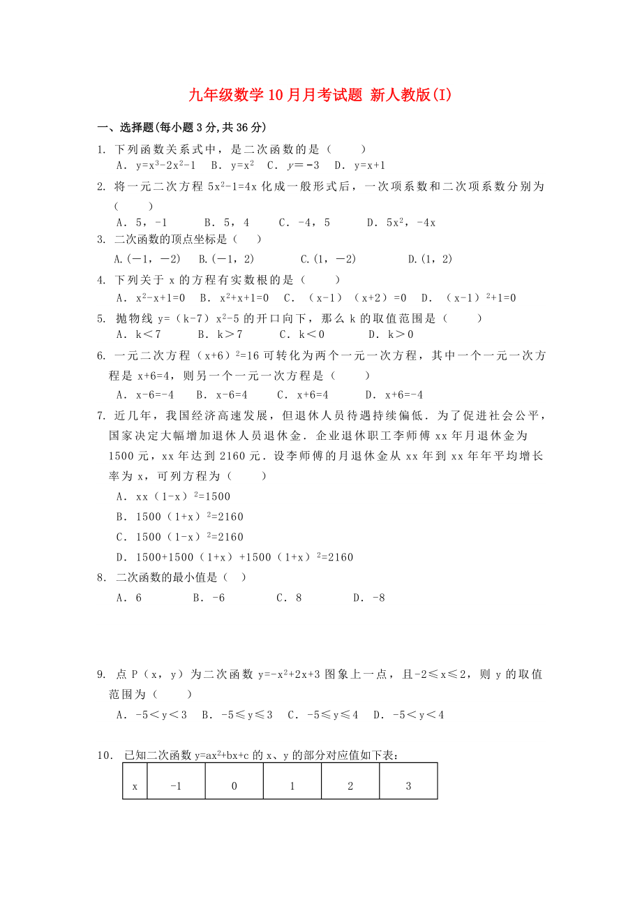 九年级数学10月月考试题 新人教版(I)_第1页