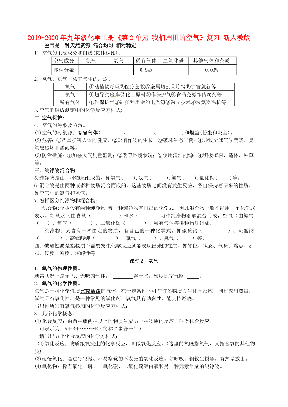 九年级化学上册第2单元我们周围的空气复习新人教版_第1页