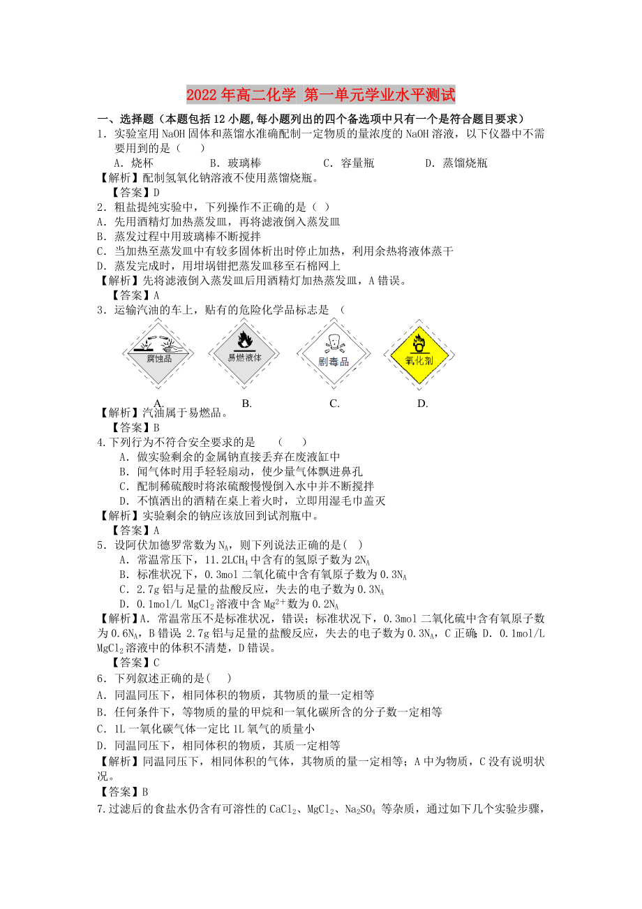 2022年高二化學(xué) 第一單元學(xué)業(yè)水平測試_第1頁