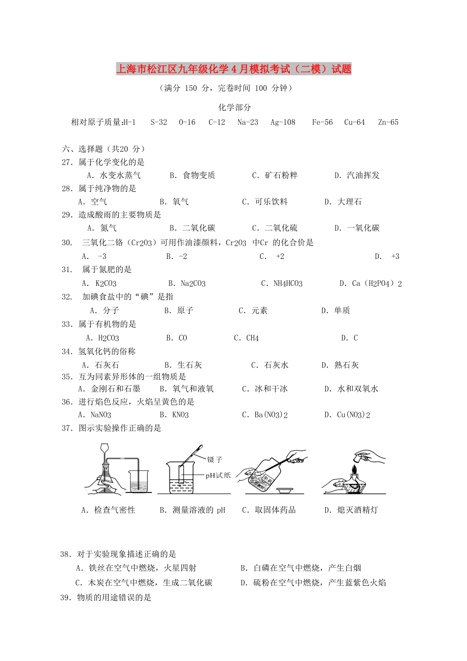 上海市松江区九年级化学4月模拟考试（二模）试题_第1页