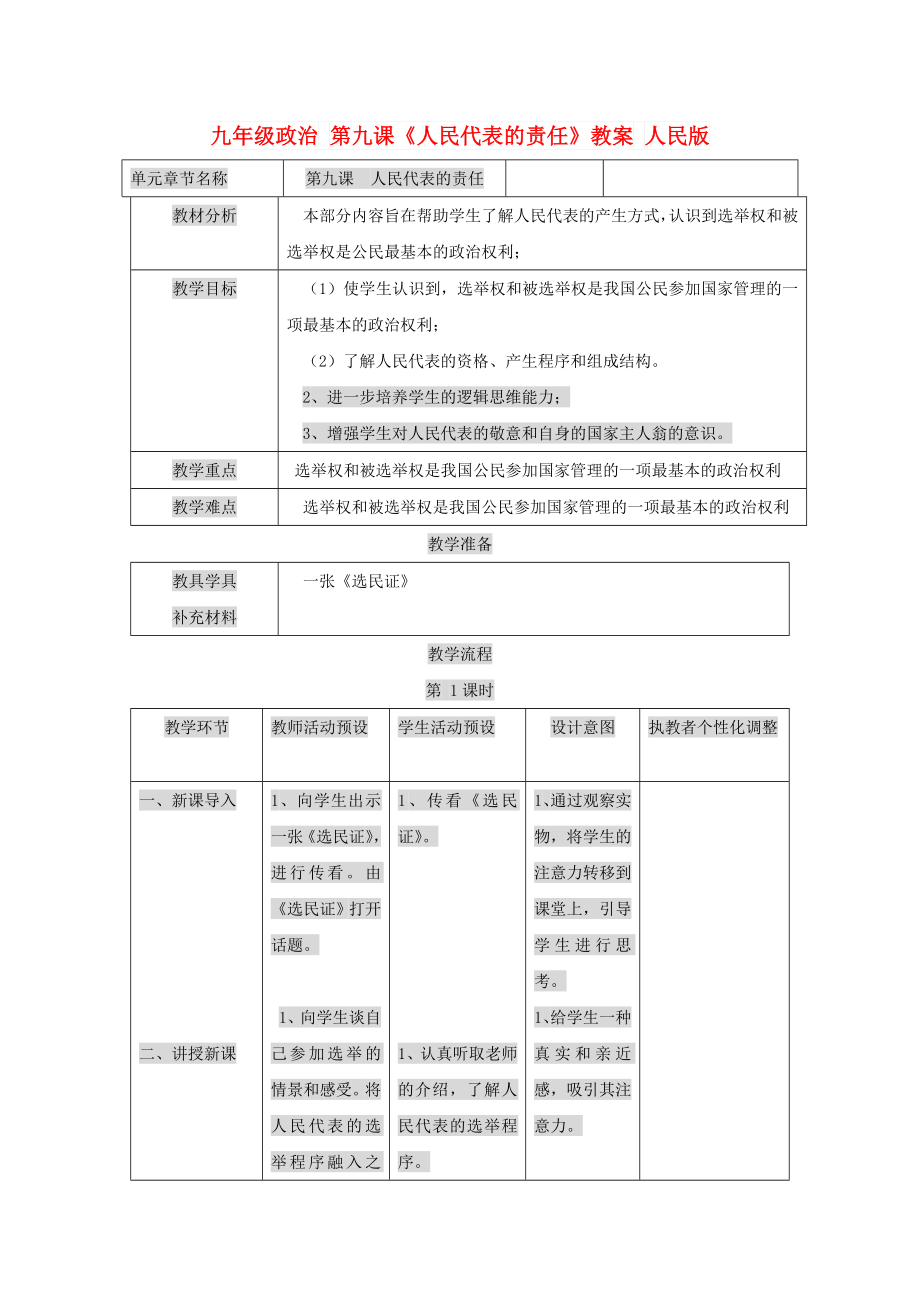 九年級政治 第九課《人民代表的責(zé)任》教案 人民版_第1頁