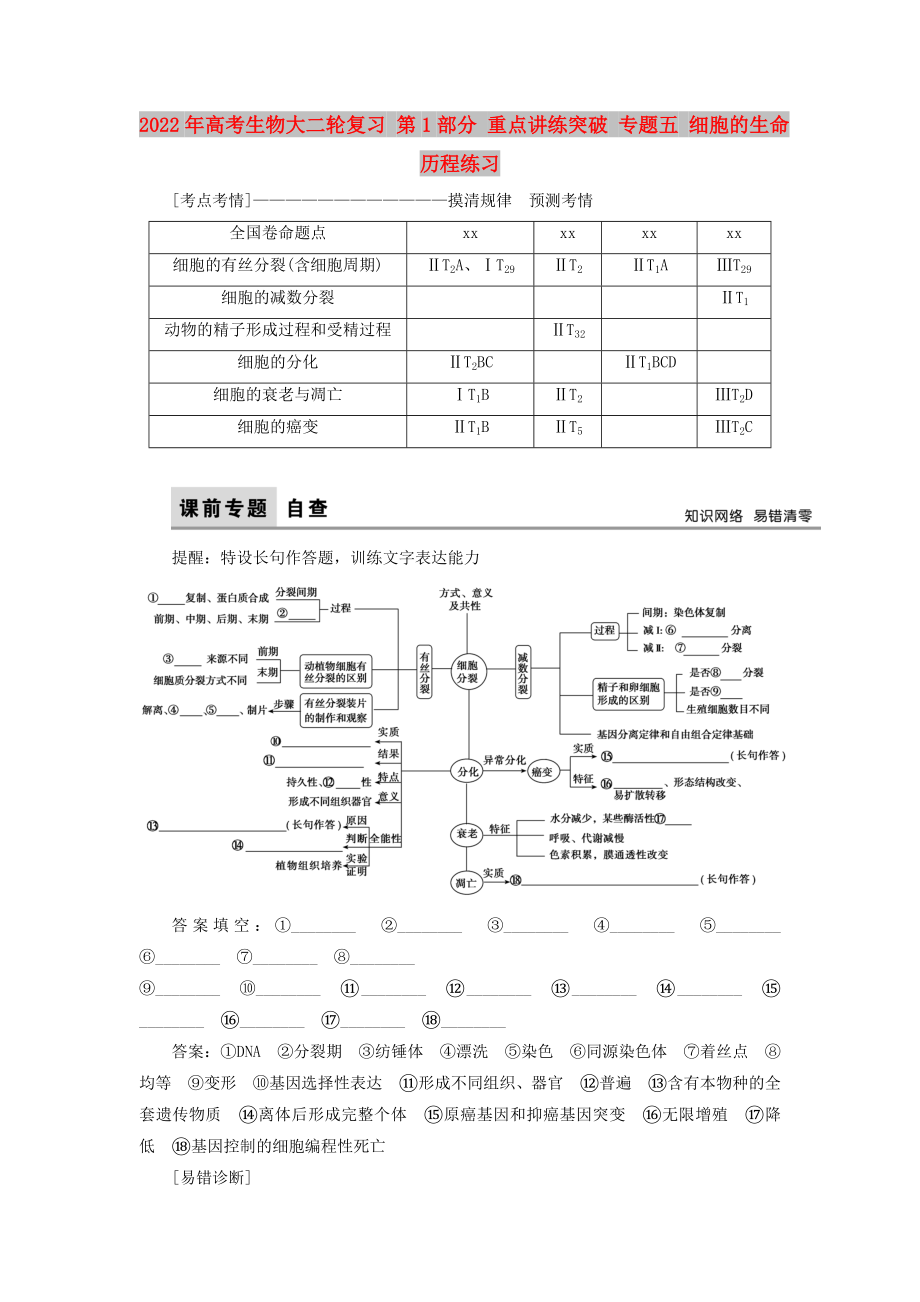 2022年高考生物大二輪復(fù)習(xí) 第1部分 重點講練突破 專題五 細胞的生命歷程練習(xí)_第1頁