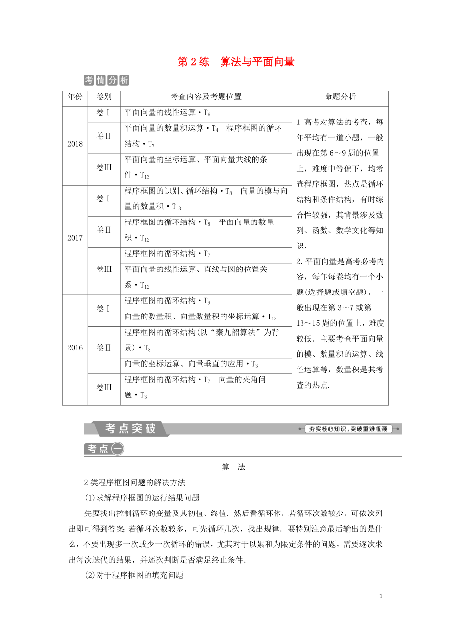 2019届高考数学二轮复习 第二部分 突破热点 分层教学 专项一 2 第2练 算法与平面向量学案_第1页