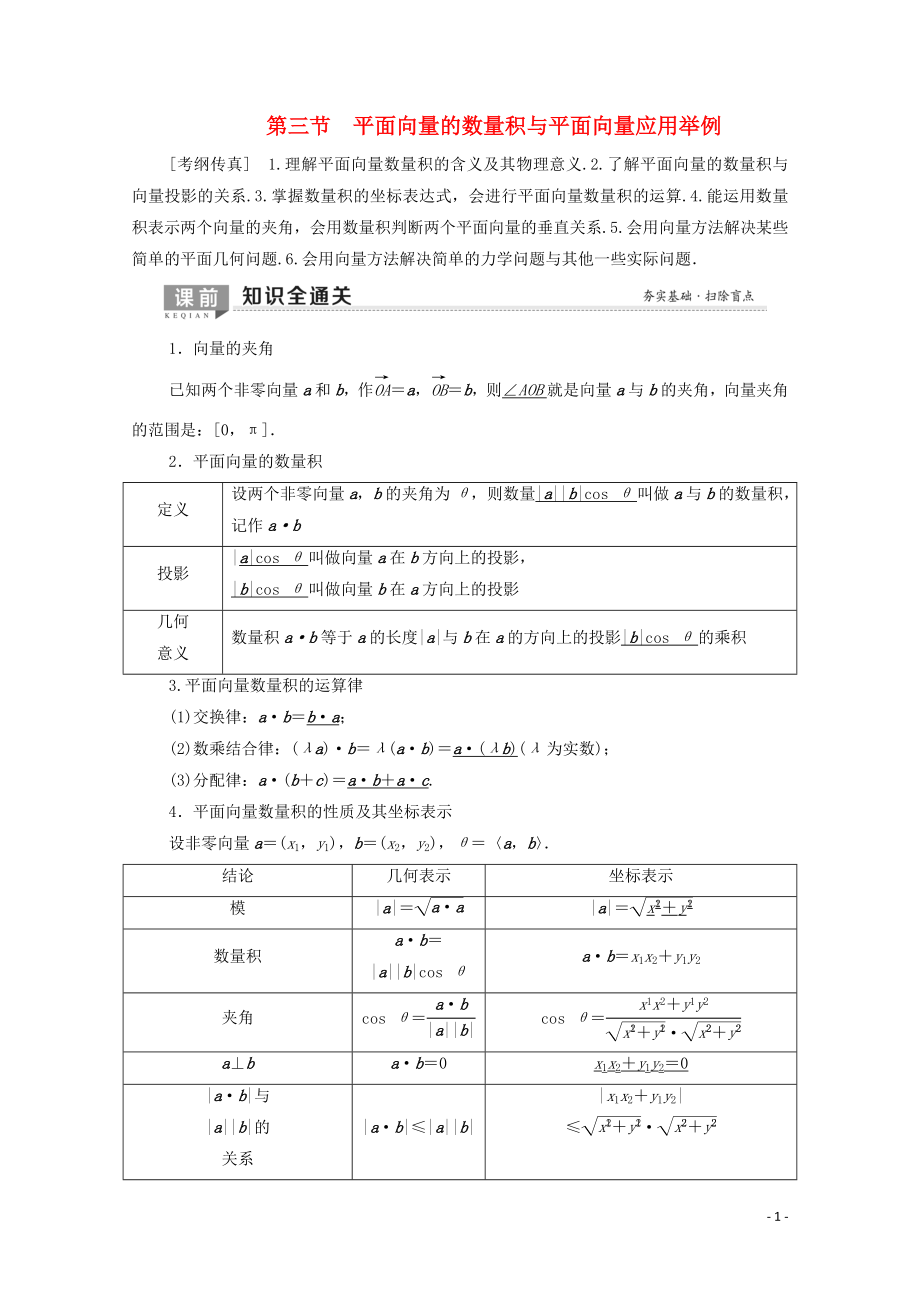 2020版高考數(shù)學(xué)一輪復(fù)習(xí) 第4章 平面向量、數(shù)系的擴(kuò)充與復(fù)數(shù)的引入 第3節(jié) 平面向量的數(shù)量積與平面向量應(yīng)用舉例教學(xué)案 理（含解析）北師大版_第1頁