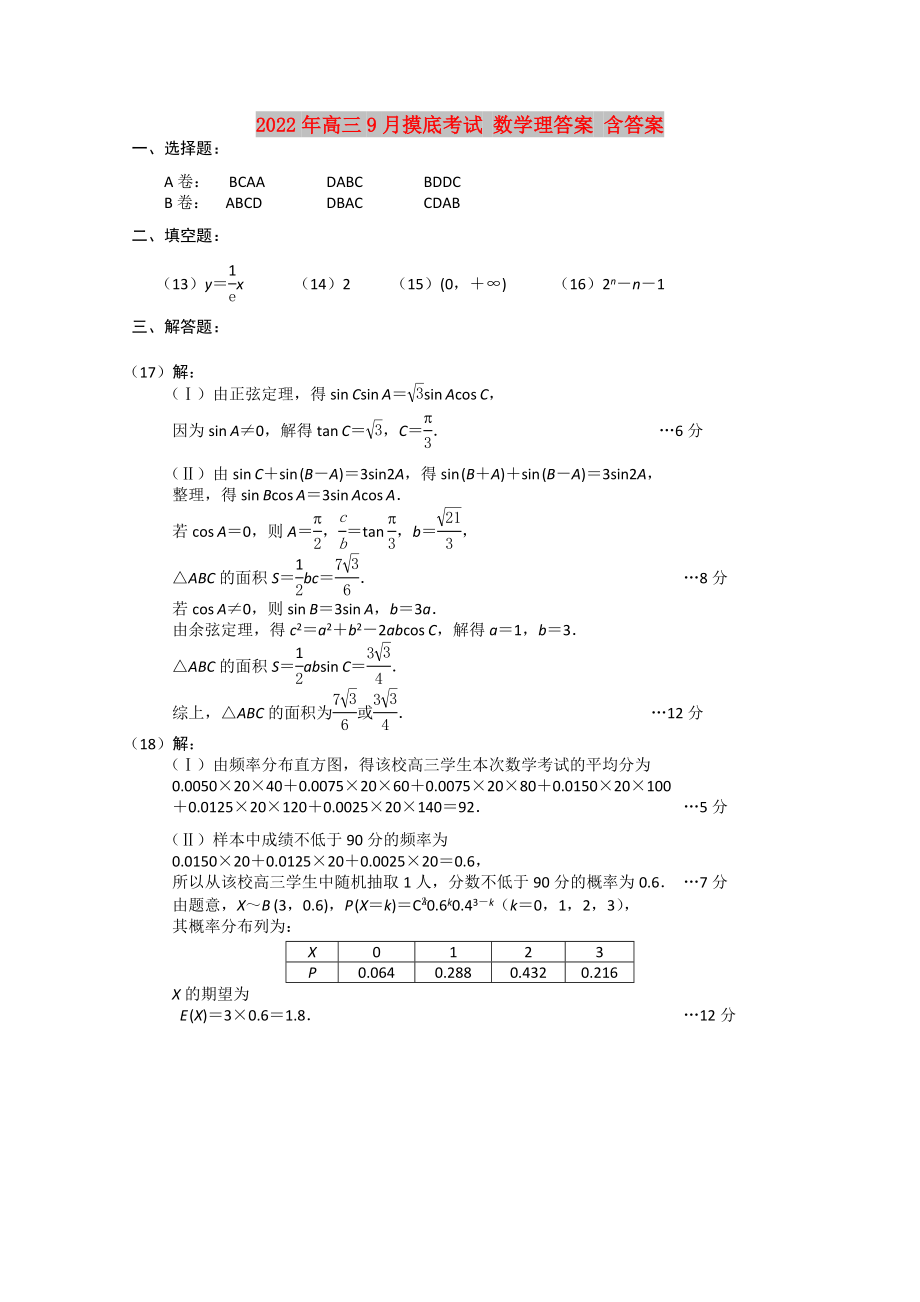 2022年高三9月摸底考試 數學理答案 含答案_第1頁