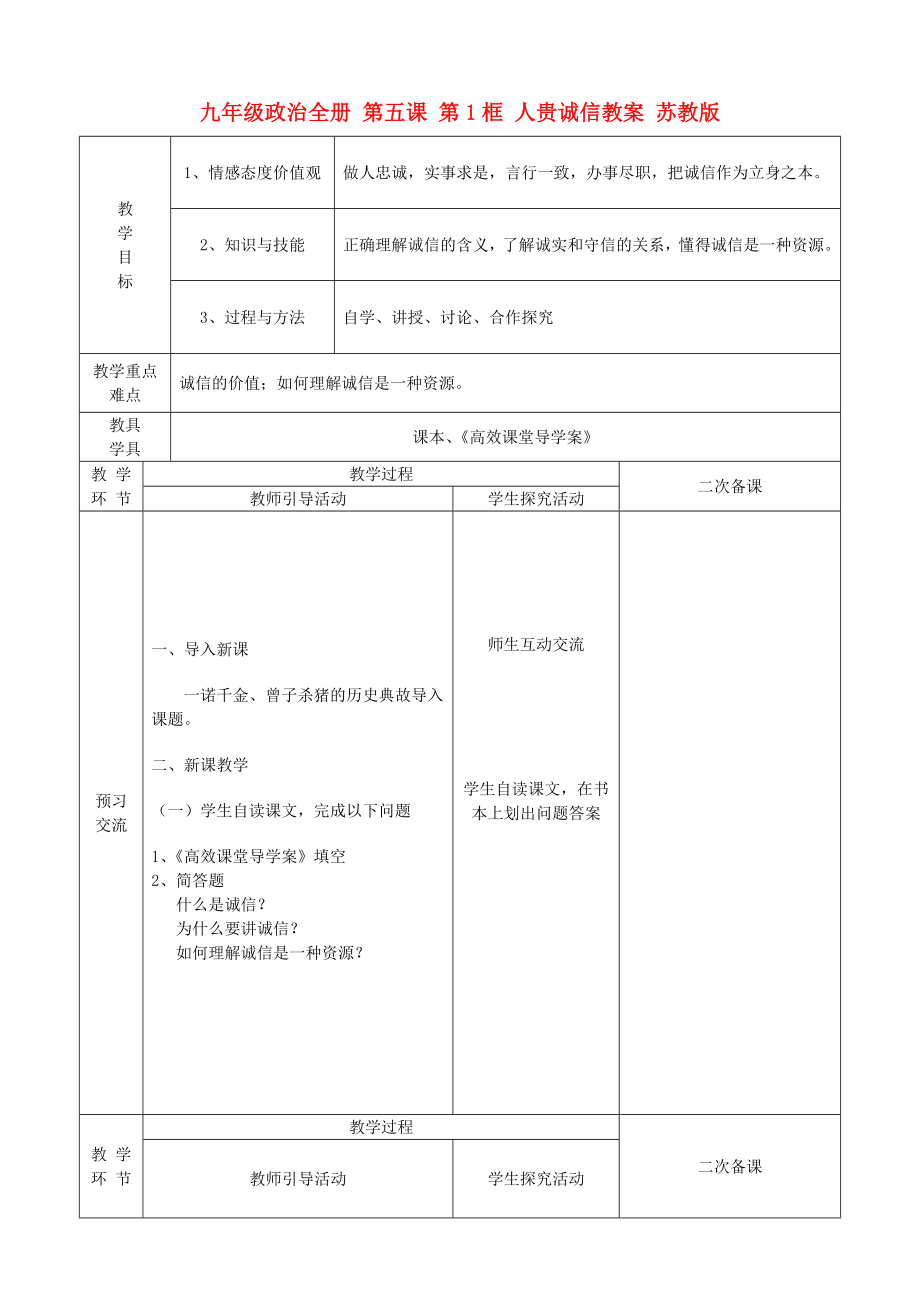 九年級(jí)政治全冊(cè) 第五課 第1框 人貴誠(chéng)信教案 蘇教版_第1頁(yè)