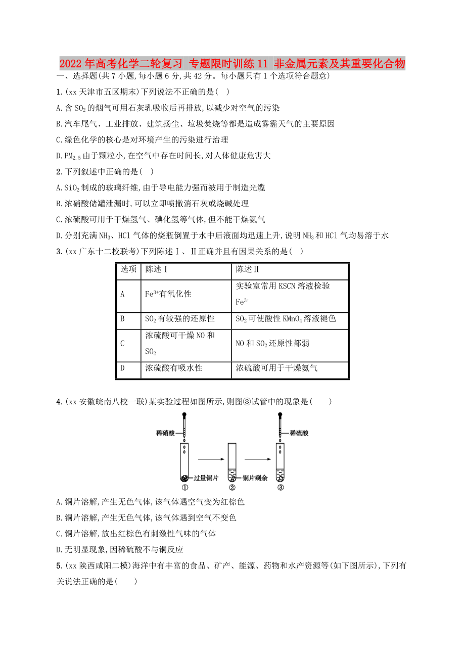 2022年高考化学二轮复习 专题限时训练11 非金属元素及其重要化合物_第1页