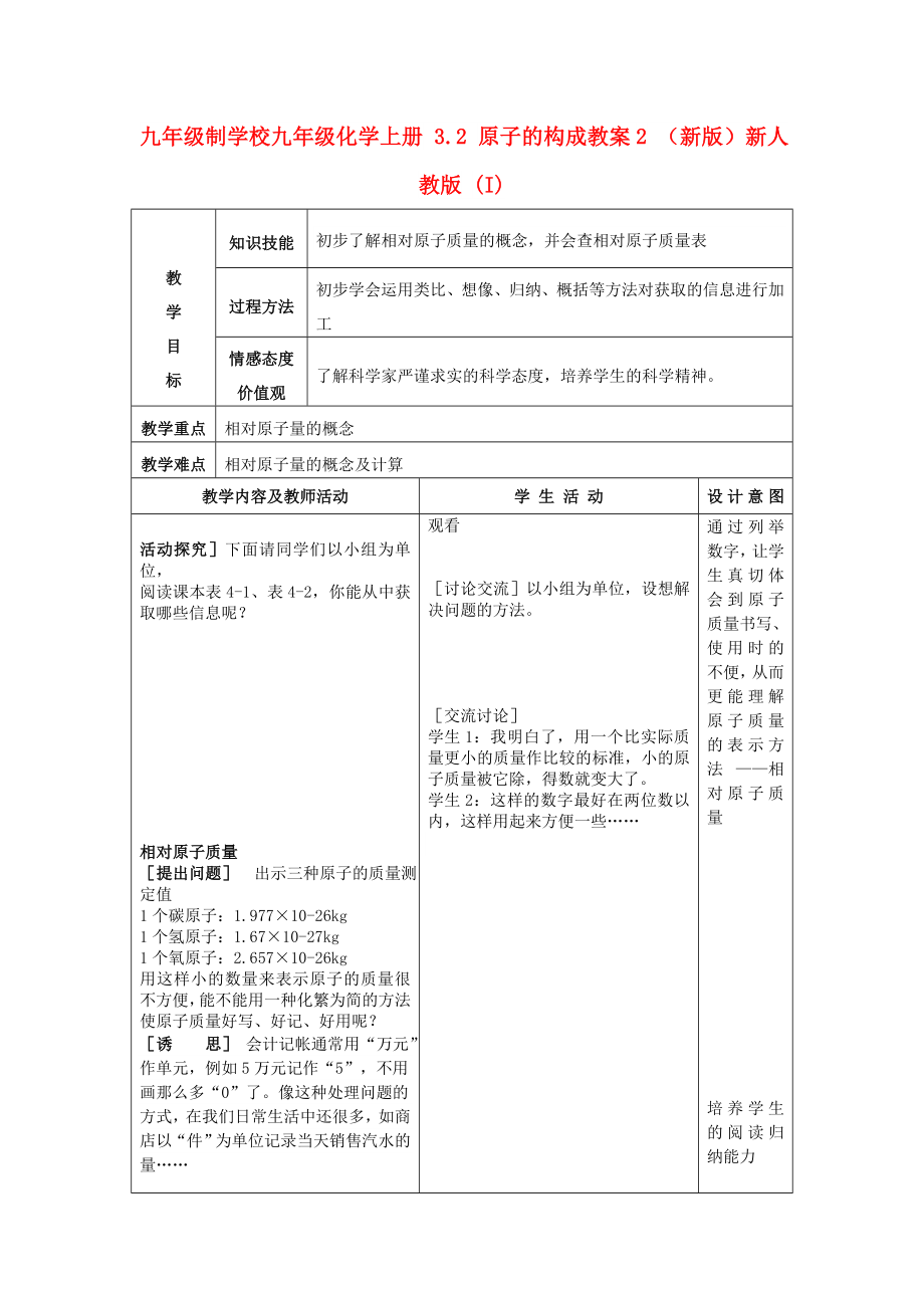 九年級制學校九年級化學上冊 3.2 原子的構成教案2 （新版）新人教版 (I)_第1頁