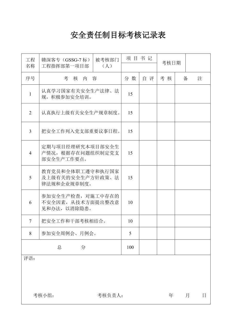 安全责任制目标考核记录表_第1页