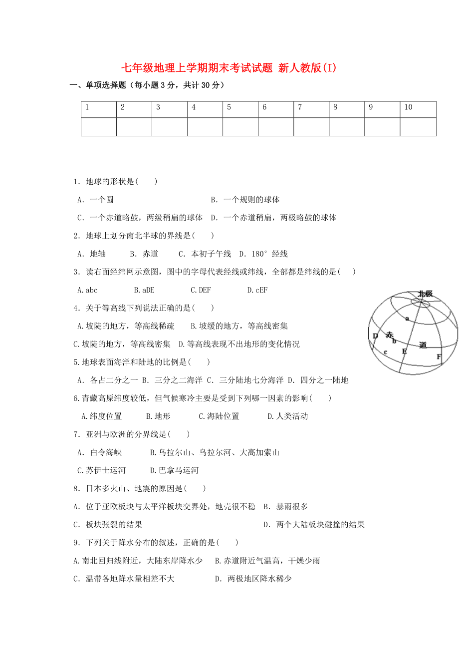 七年級地理上學期期末考試試題 新人教版(I)_第1頁