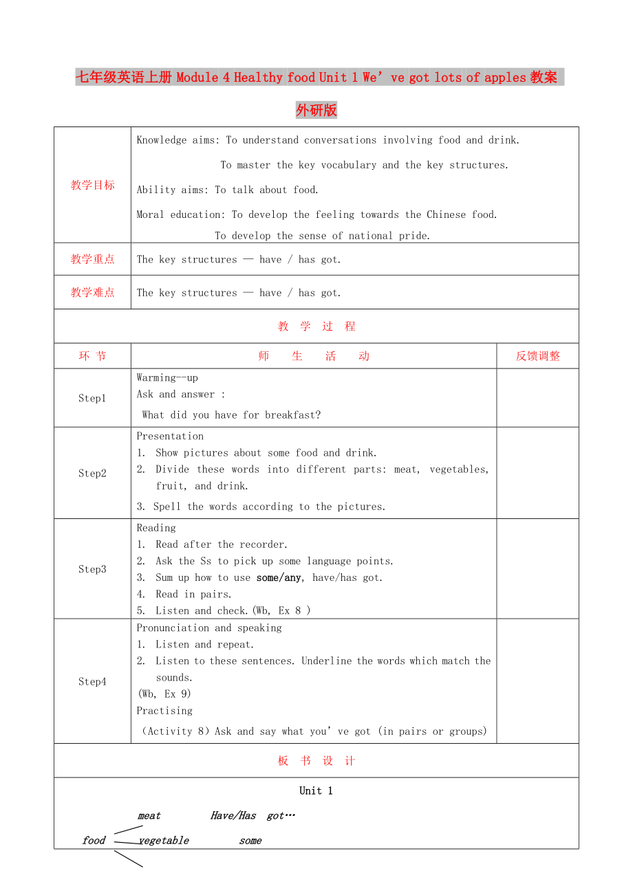 七年級(jí)英語(yǔ)上冊(cè) Module 4 Healthy food Unit 1 We’ve got lots of apples教案 外研版_第1頁(yè)