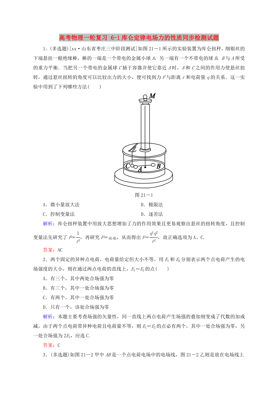 高考物理一轮复习 6-1库仑定律电场力的性质同步检测试题_第1页