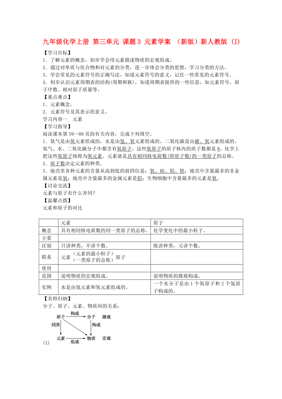 九年級(jí)化學(xué)上冊(cè) 第三單元 課題3 元素學(xué)案 （新版）新人教版 (I)_第1頁(yè)