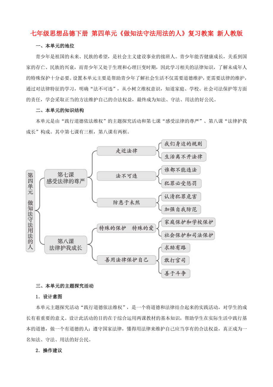 七年級思想品德下冊 第四單元《做知法守法用法的人》復(fù)習(xí)教案 新人教版_第1頁