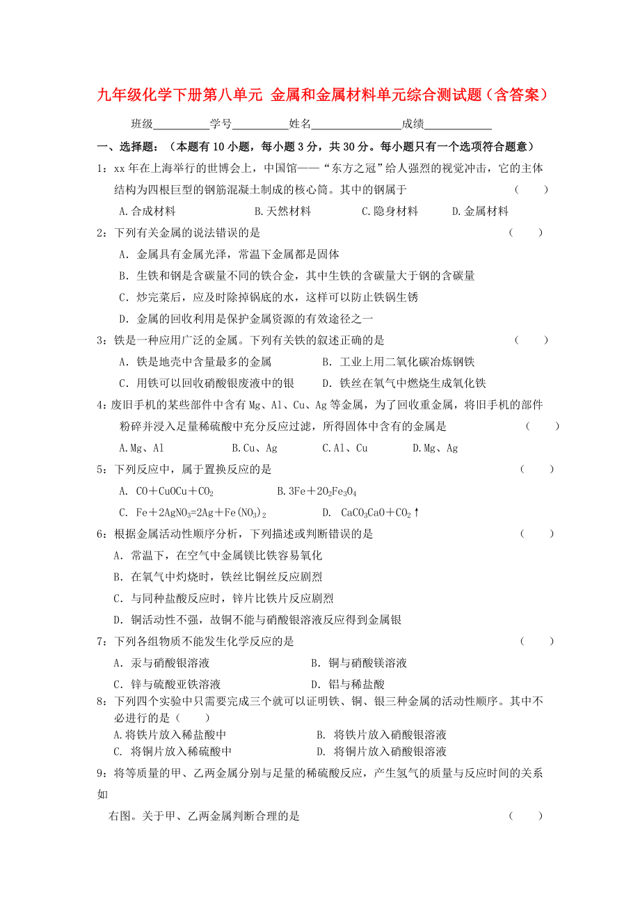 九年级化学下册第八单元 金属和金属材料单元综合测试题（含答案）_第1页