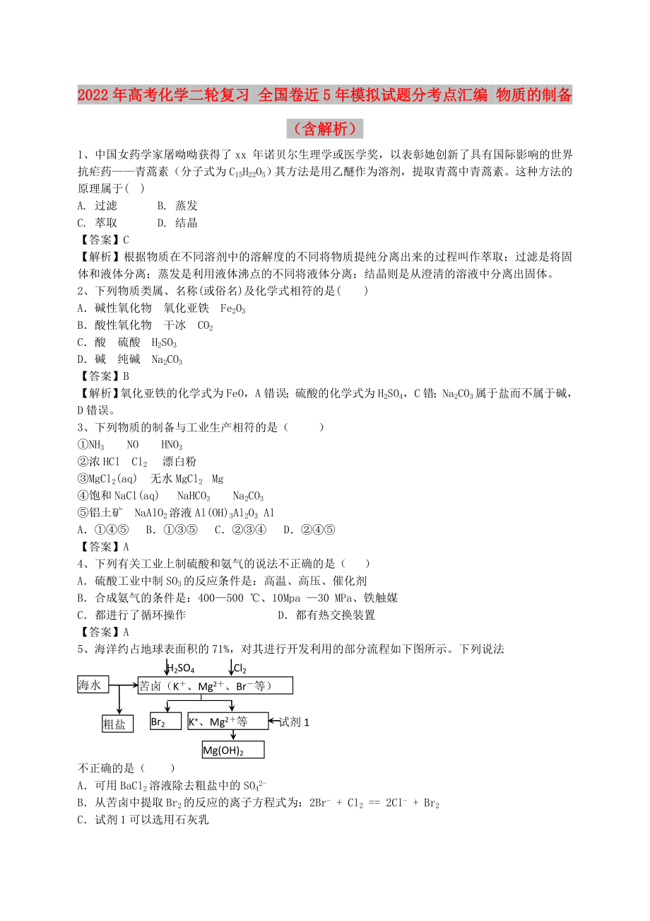 2022年高考化學二輪復習 全國卷近5年模擬試題分考點匯編 物質(zhì)的制備（含解析）_第1頁