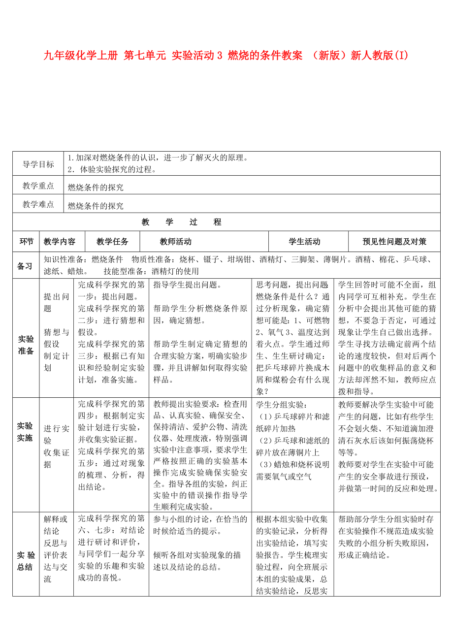 九年級化學(xué)上冊 第七單元 實(shí)驗(yàn)活動3 燃燒的條件教案 （新版）新人教版(I)_第1頁