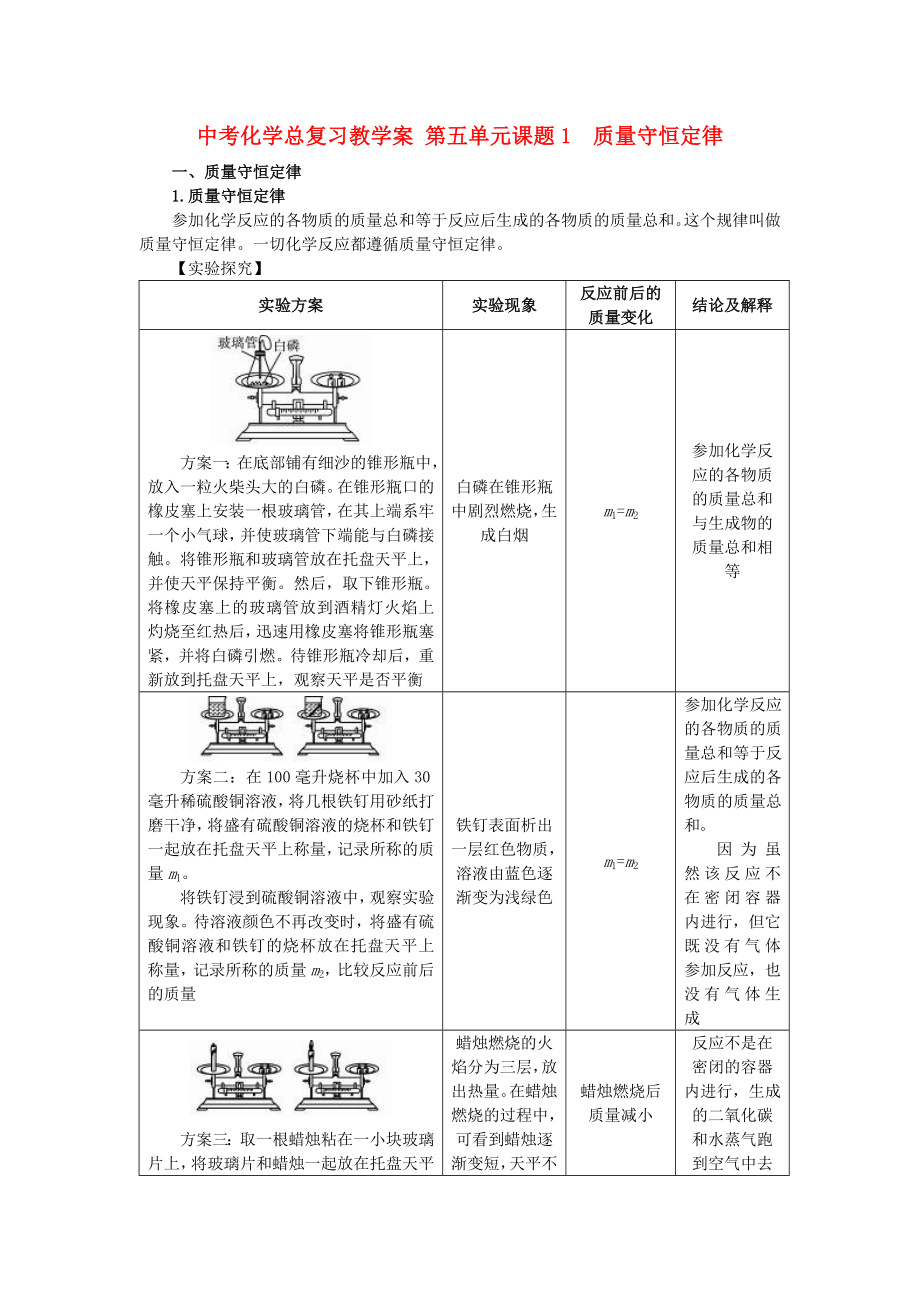 中考化學(xué)總復(fù)習(xí)教學(xué)案 第五單元課題1　質(zhì)量守恒定律_第1頁