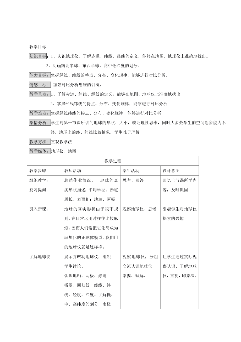 七年級(jí)地理上冊(cè) 第一單元第2課 在地球儀上認(rèn)識(shí)經(jīng)緯網(wǎng) 教案 商務(wù)星球版_第1頁(yè)