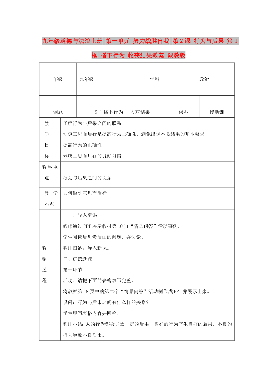 九年級(jí)道德與法治上冊(cè) 第一單元 努力戰(zhàn)勝自我 第2課 行為與后果 第1框 播下行為 收獲結(jié)果教案 陜教版_第1頁