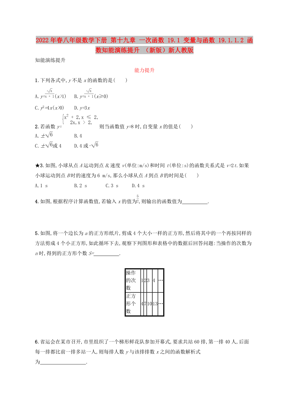 2022年春八年級數(shù)學(xué)下冊 第十九章 一次函數(shù) 19.1 變量與函數(shù) 19.1.1.2 函數(shù)知能演練提升 （新版）新人教版_第1頁