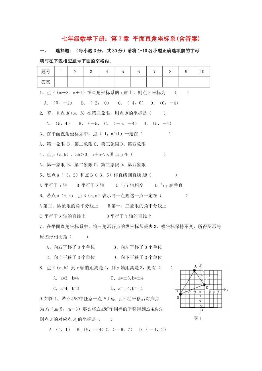 七年級(jí)數(shù)學(xué)下冊(cè)：第7章 平面直角坐標(biāo)系(含答案)_第1頁(yè)