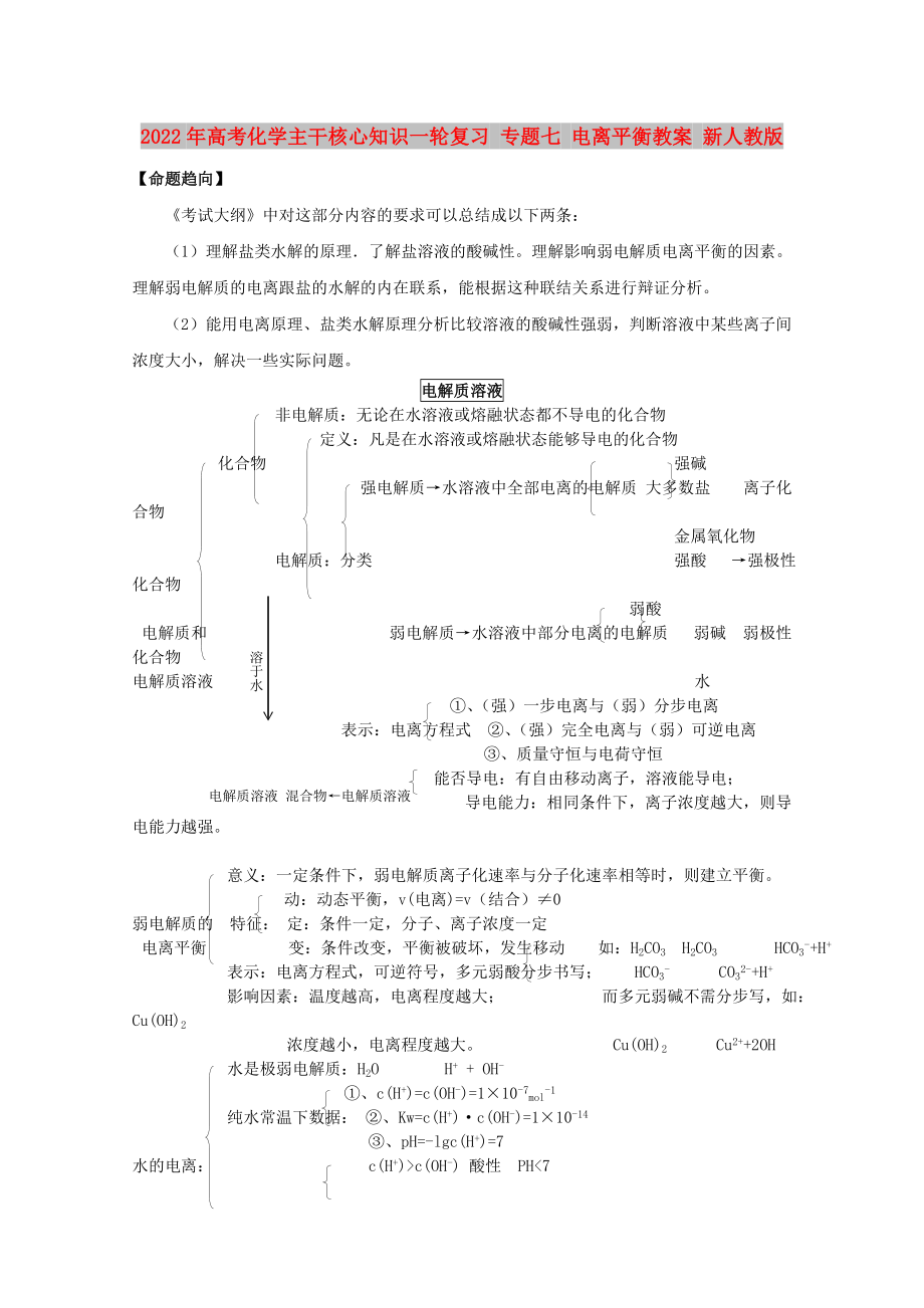 2022年高考化學(xué)主干核心知識(shí)一輪復(fù)習(xí) 專題七 電離平衡教案 新人教版_第1頁(yè)