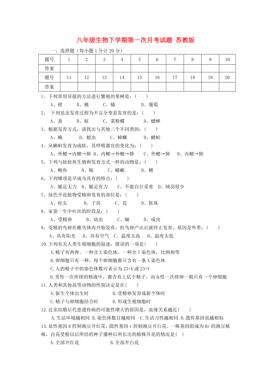 八年級生物下學期第一次月考試題 蘇教版_第1頁