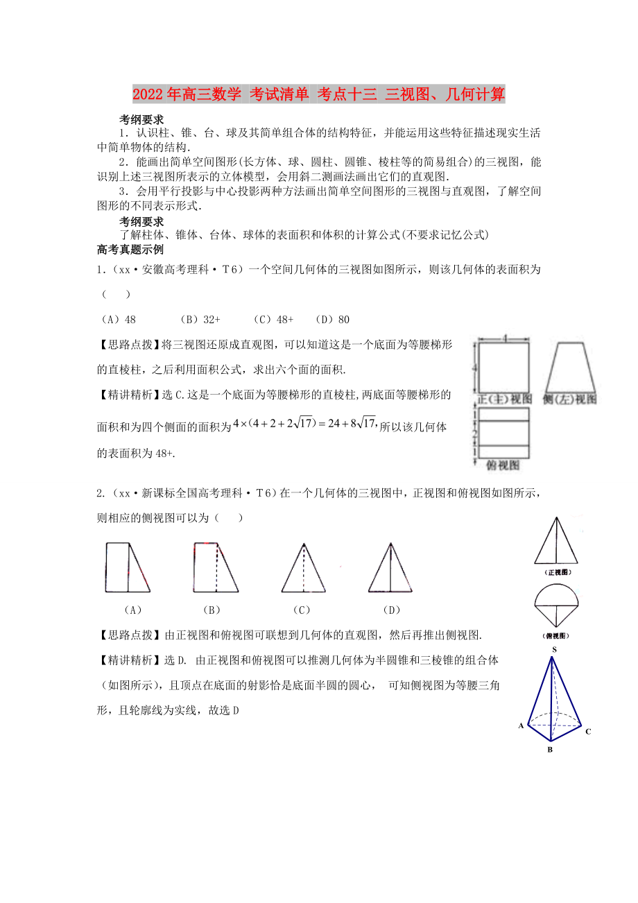 2022年高三數(shù)學(xué) 考試清單 考點(diǎn)十三 三視圖、幾何計(jì)算_第1頁