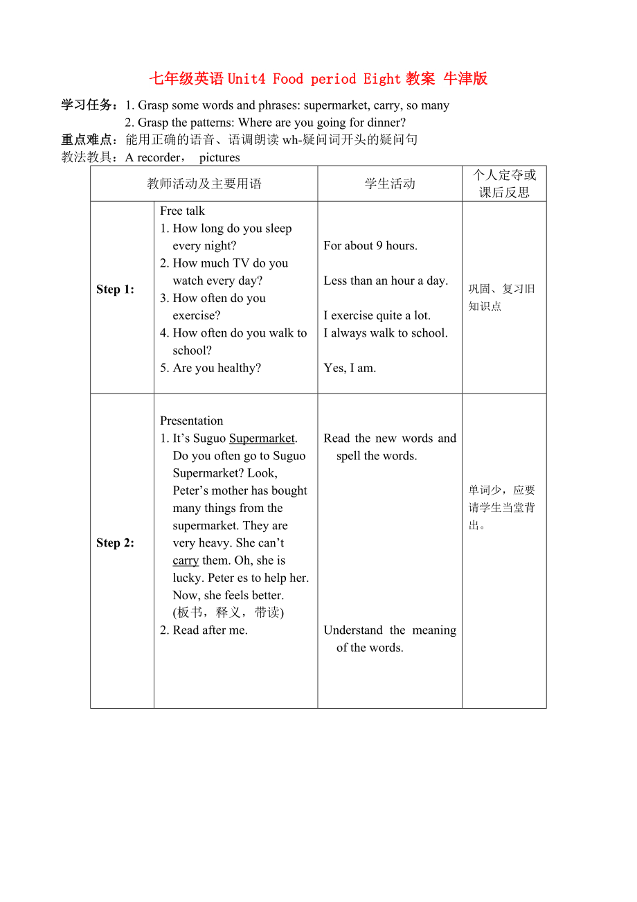 七年級(jí)英語(yǔ)Unit4 Food period Eight教案 牛津版_第1頁(yè)