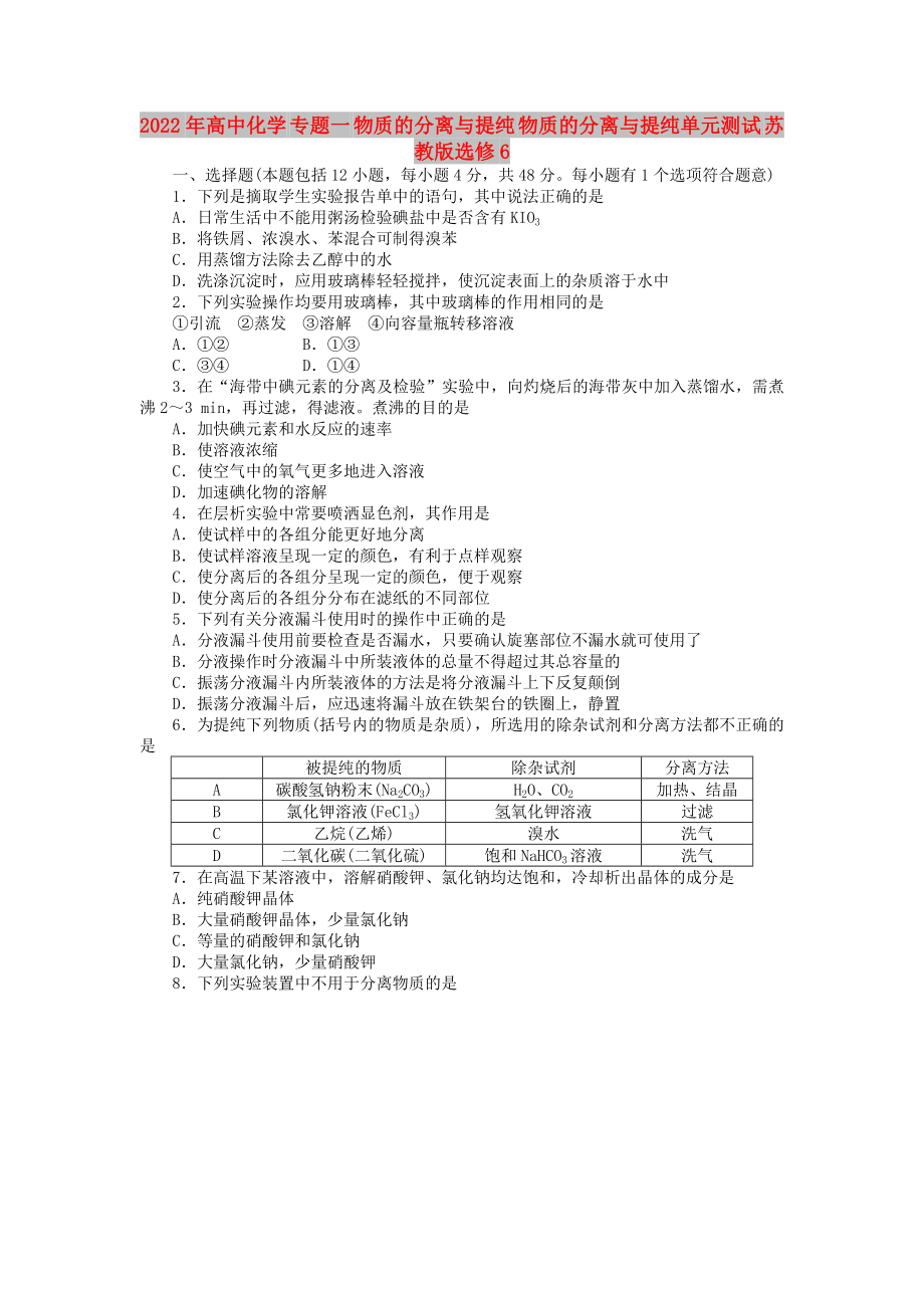 2022年高中化學(xué) 專題一 物質(zhì)的分離與提純 物質(zhì)的分離與提純單元測(cè)試 蘇教版選修6_第1頁(yè)