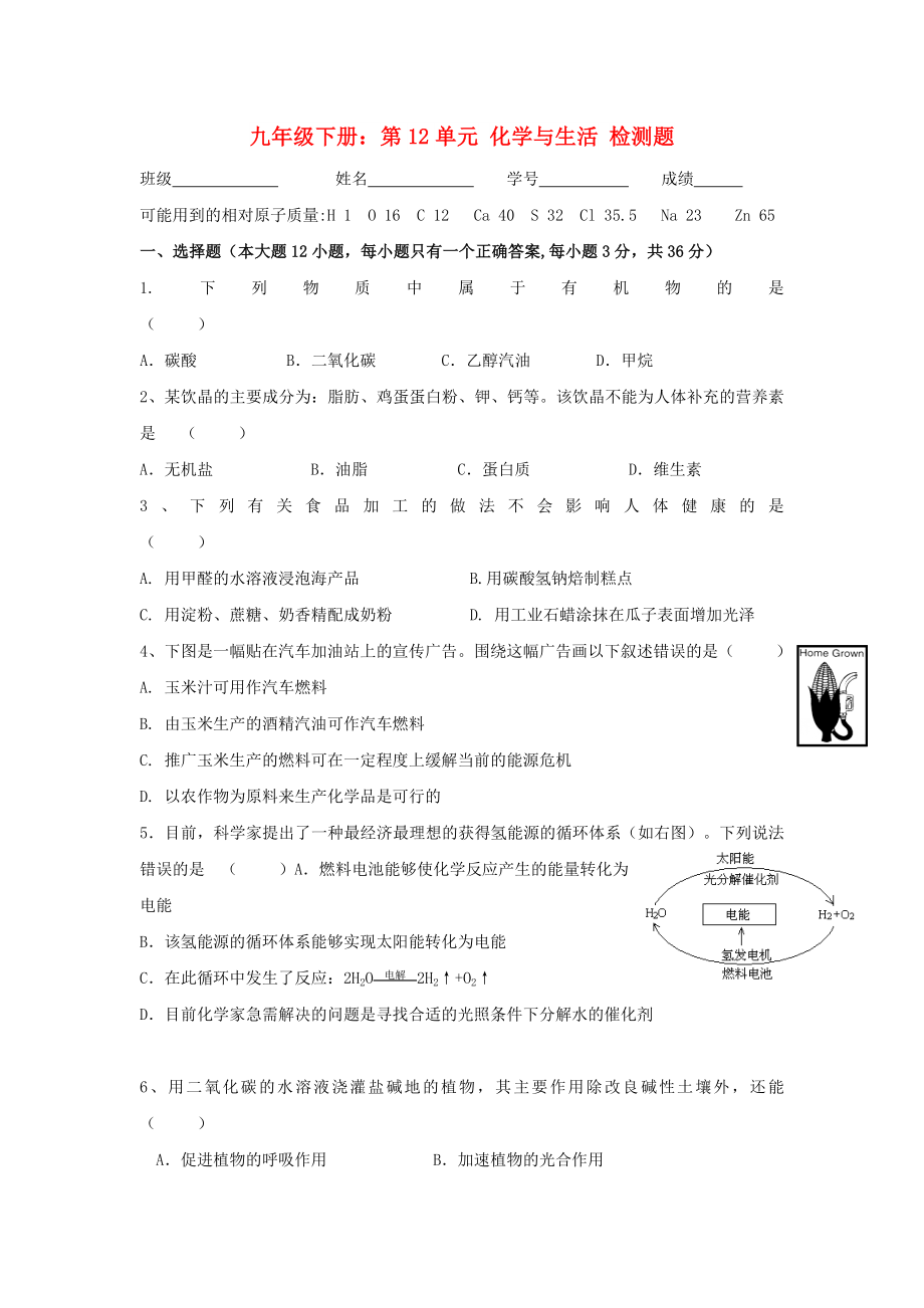 九年级下册：第12单元 化学与生活 检测题_第1页