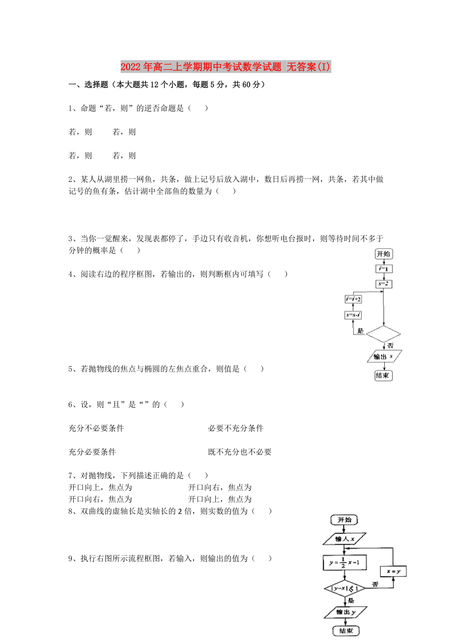 2022年高二上學(xué)期期中考試數(shù)學(xué)試題 無答案(I)_第1頁