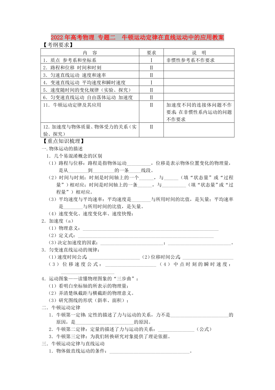 2022年高考物理 專題二牛頓運(yùn)動(dòng)定律在直線運(yùn)動(dòng)中的應(yīng)用教案_第1頁(yè)