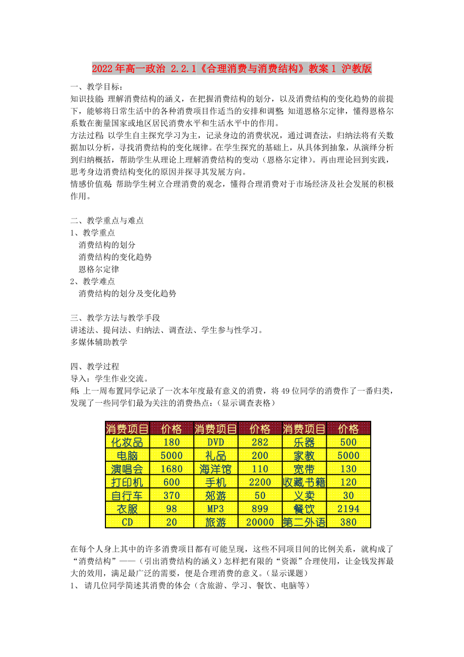 2022年高一政治 2.2.1《合理消費與消費結(jié)構(gòu)》教案1 滬教版_第1頁