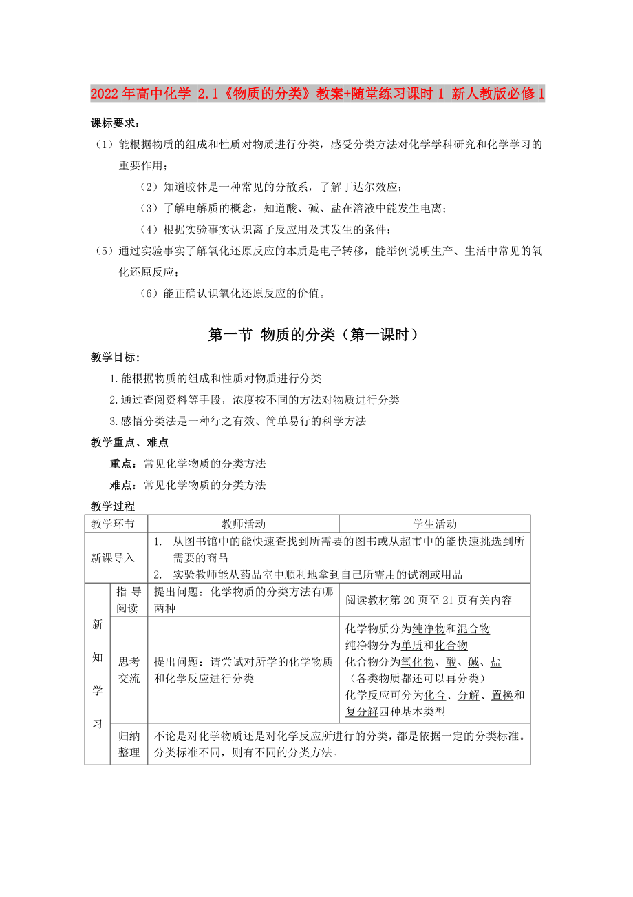 2022年高中化学 2.1《物质的分类》教案+随堂练习课时1 新人教版必修1_第1页