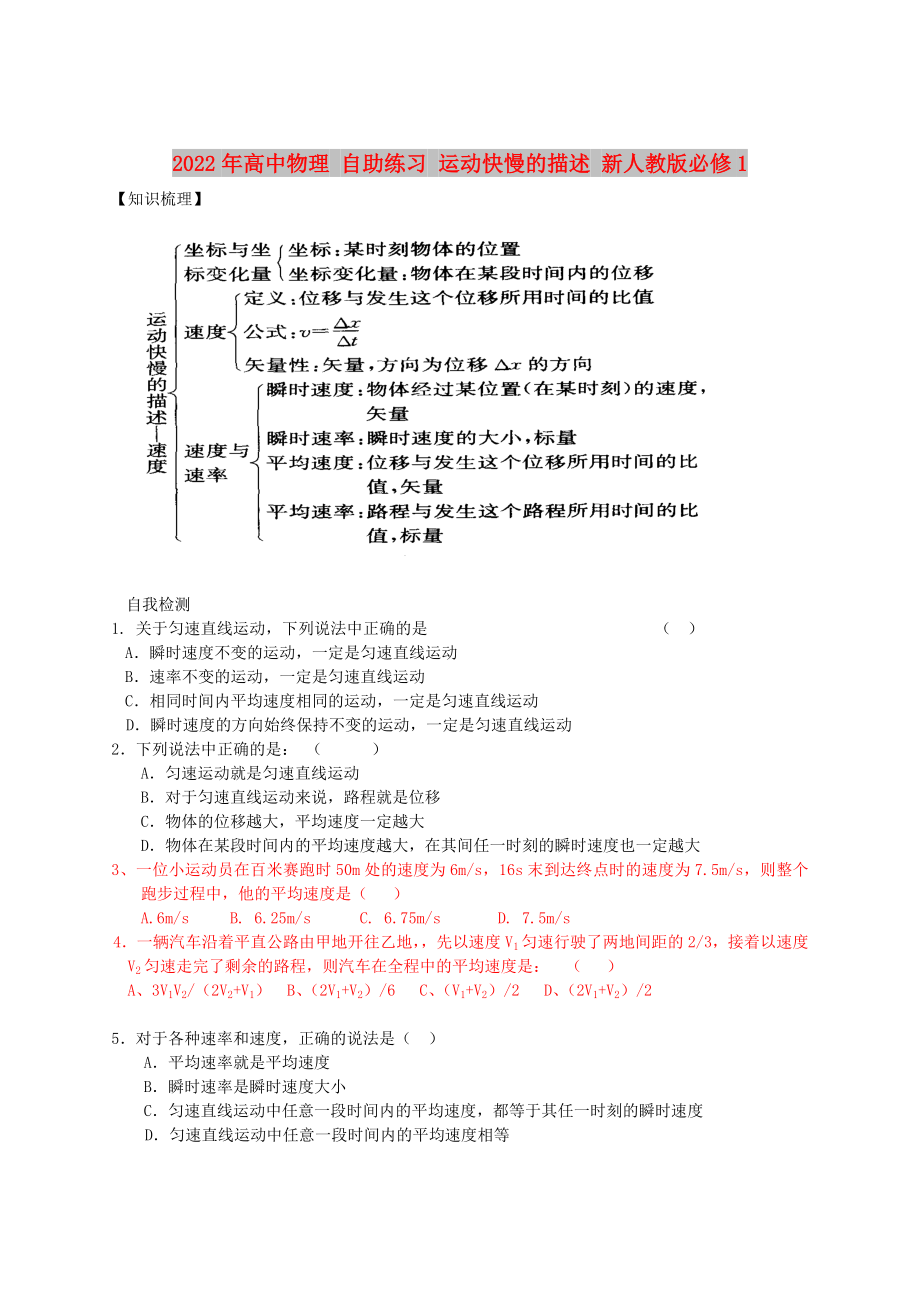 2022年高中物理 自助練習(xí) 運(yùn)動(dòng)快慢的描述 新人教版必修1_第1頁