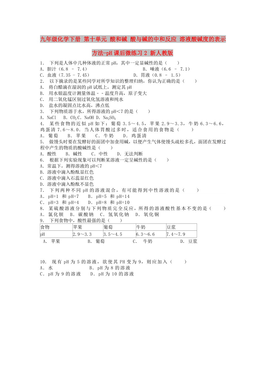 九年级化学下册 第十单元 酸和碱 酸与碱的中和反应 溶液酸碱度的表示方法-pH课后微练习2 新人教版_第1页