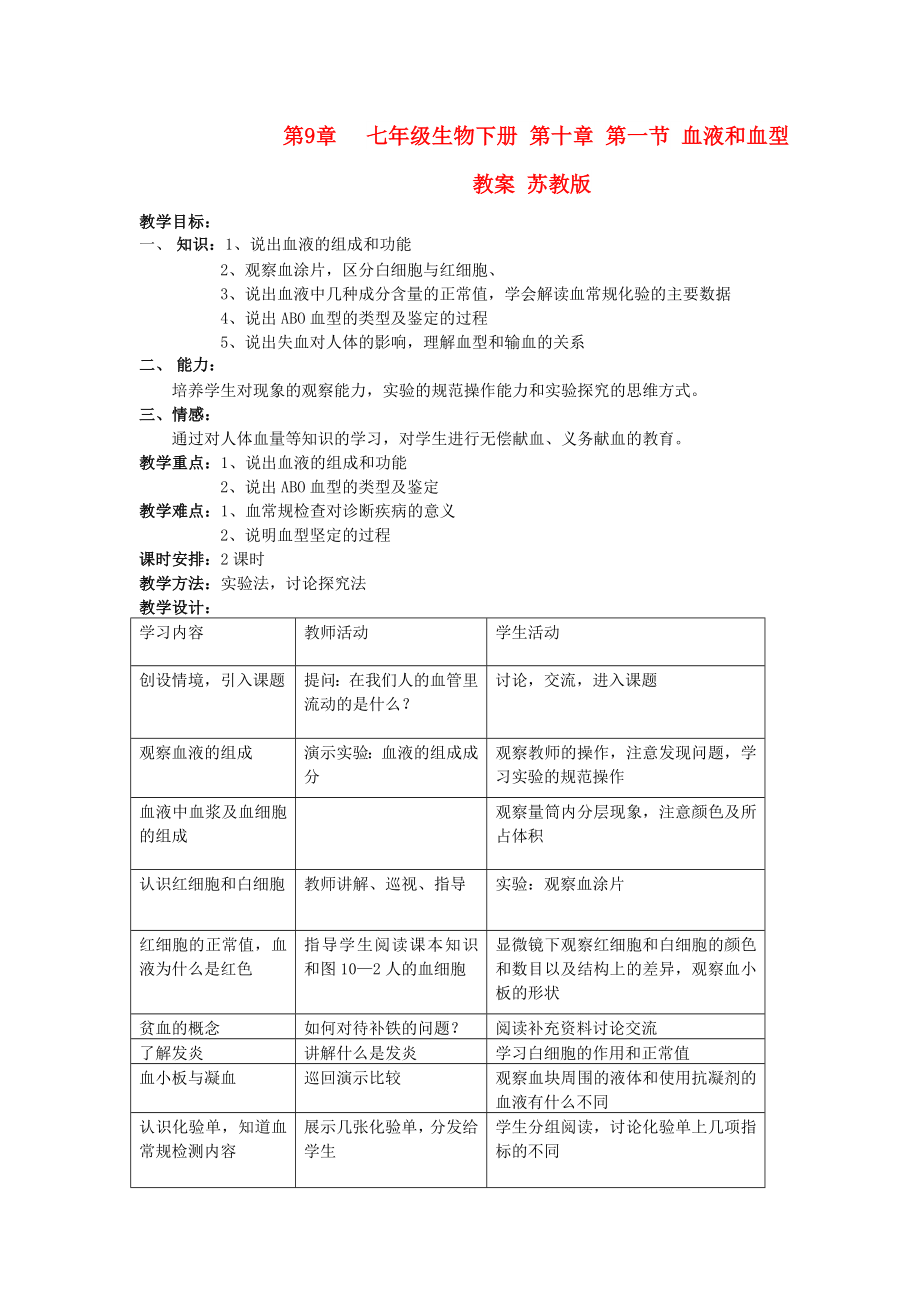 七年級(jí)生物下冊(cè) 第十章 第一節(jié) 血液和血型教案 蘇教版_第1頁(yè)