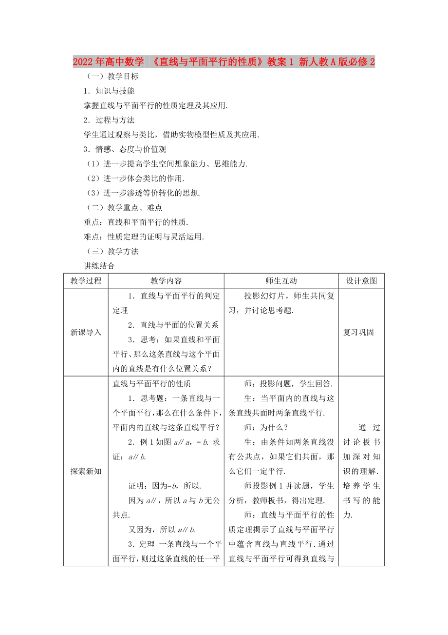 2022年高中數(shù)學(xué) 《直線與平面平行的性質(zhì)》教案1 新人教A版必修2_第1頁