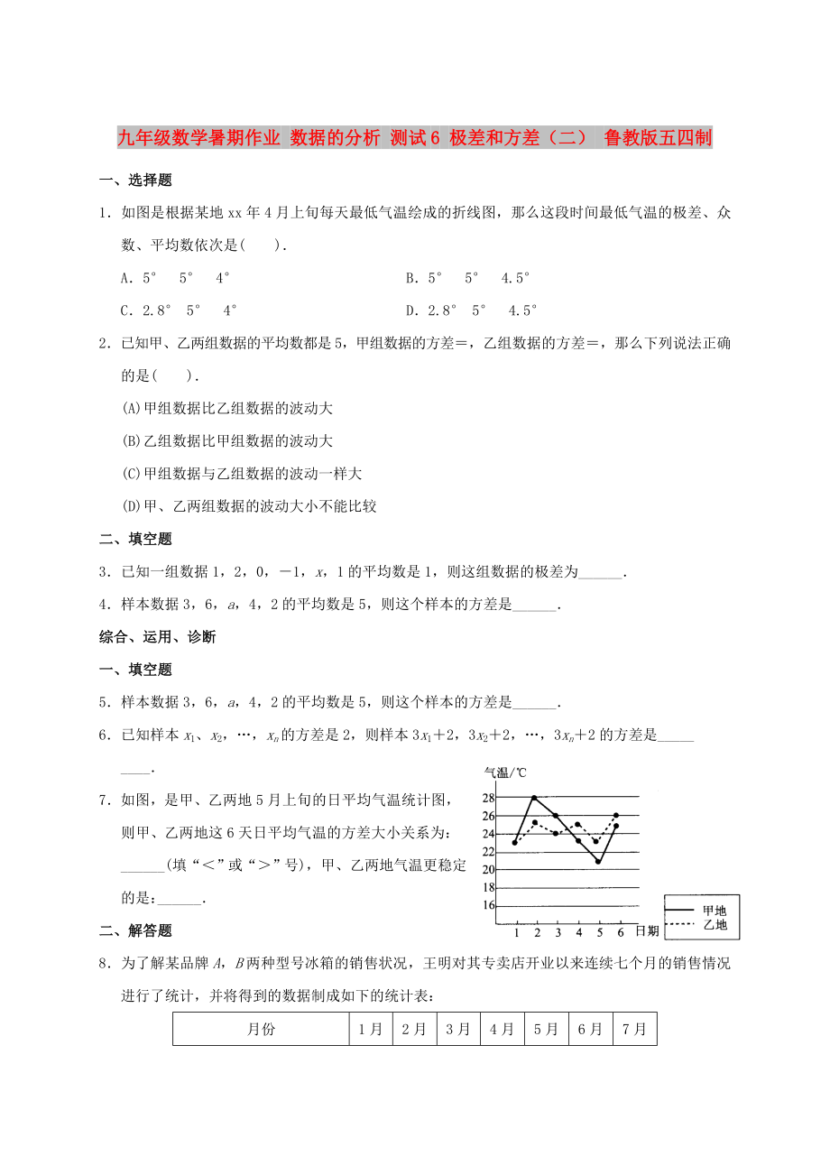 九年級(jí)數(shù)學(xué)暑期作業(yè) 數(shù)據(jù)的分析 測(cè)試6 極差和方差（二） 魯教版五四制_第1頁(yè)