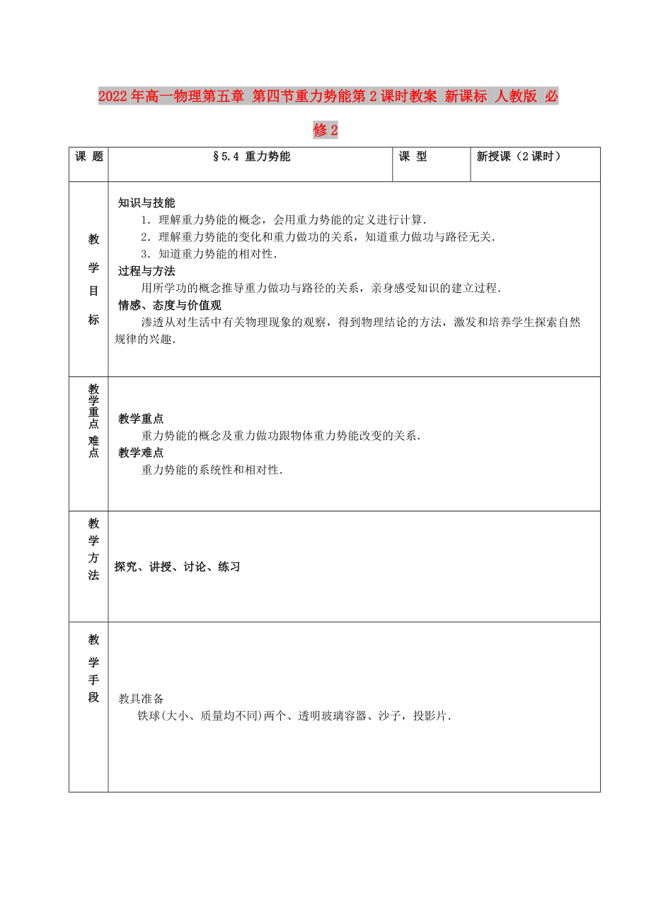 2022年高一物理第五章 第四節(jié)重力勢能第2課時教案 新課標 人教版 必修2_第1頁