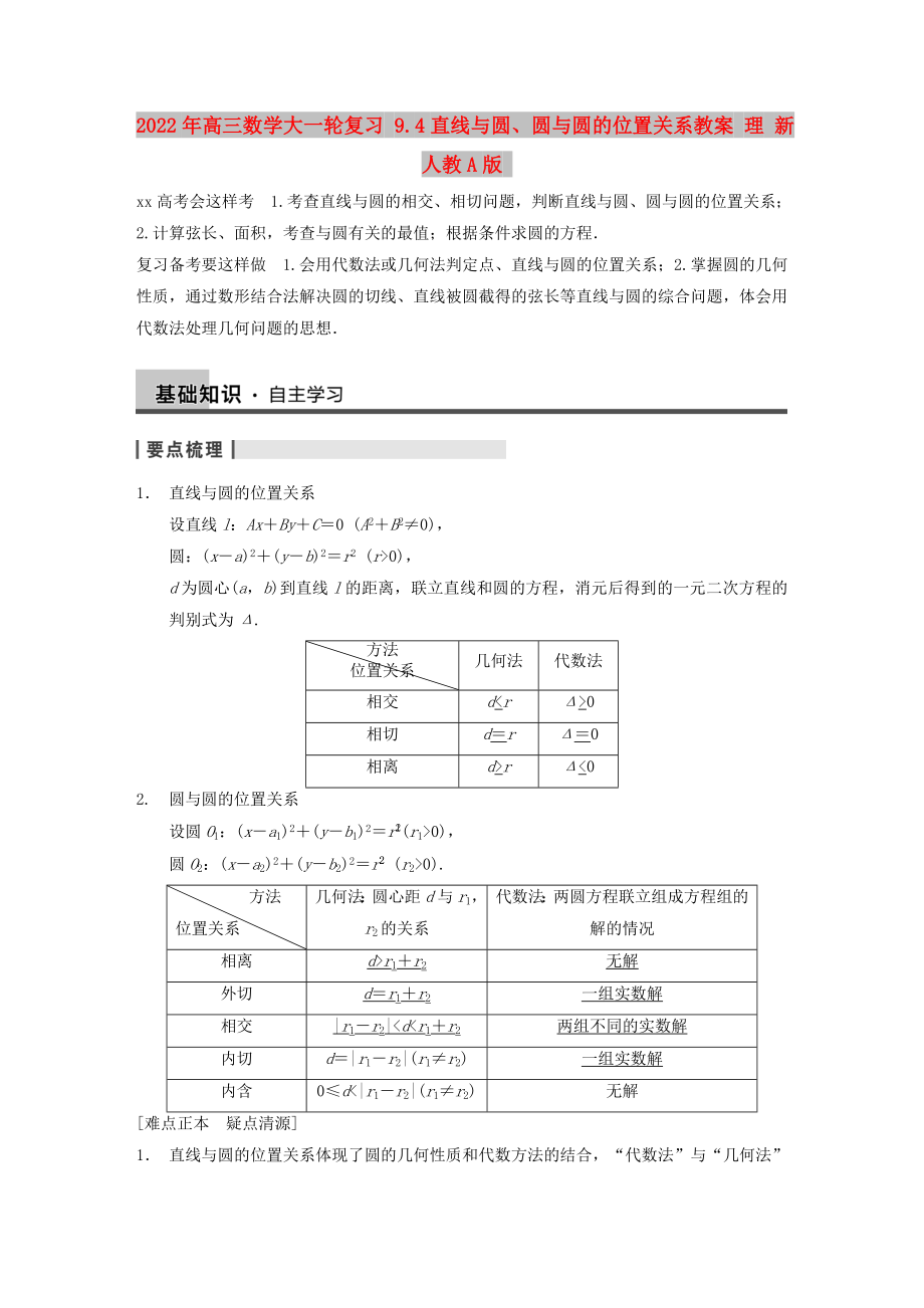 2022年高三数学大一轮复习 9.4直线与圆、圆与圆的位置关系教案 理 新人教A版_第1页