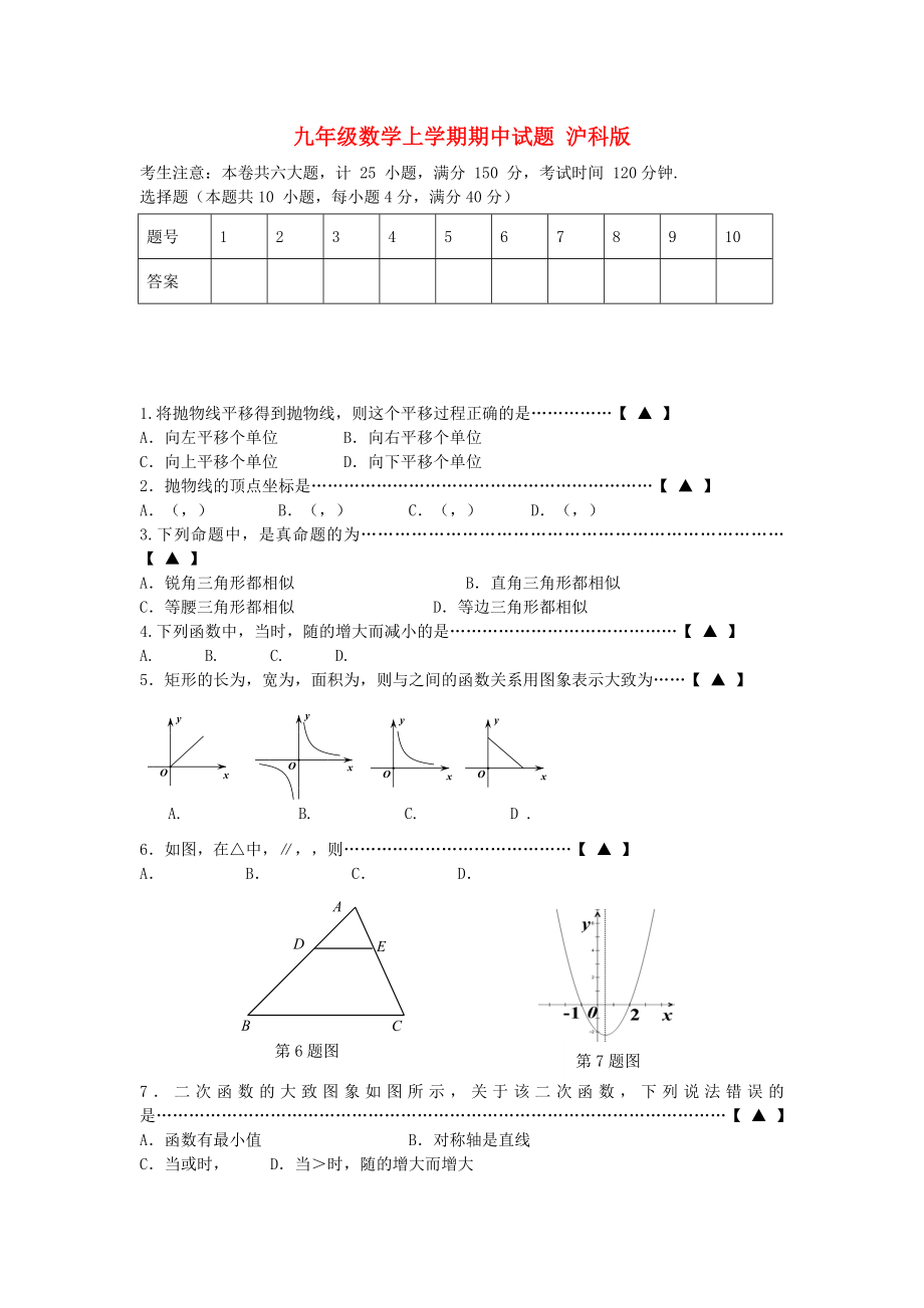 九年級數(shù)學(xué)上學(xué)期期中試題 滬科版_第1頁