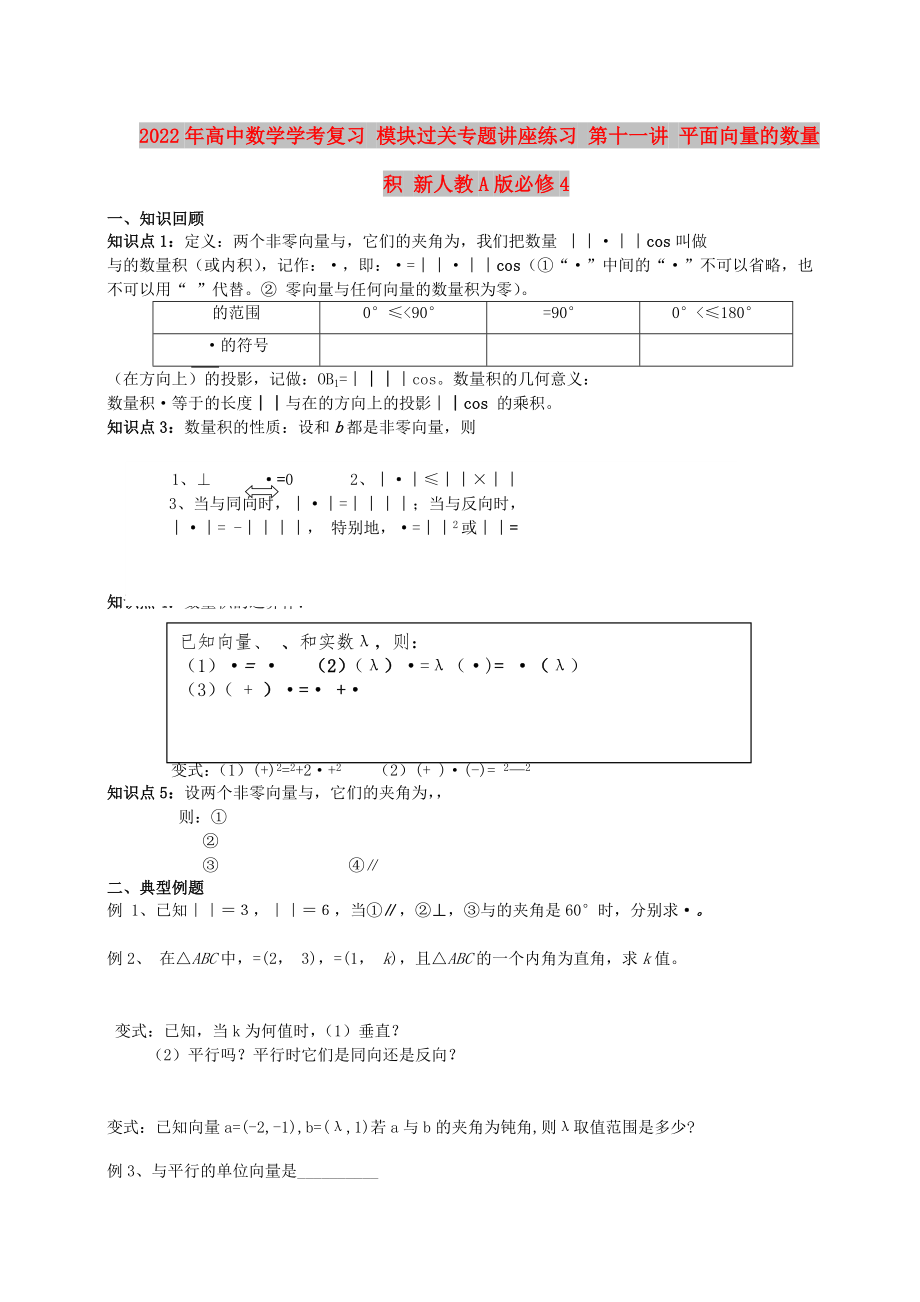 2022年高中數(shù)學(xué)學(xué)考復(fù)習(xí) 模塊過關(guān)專題講座練習(xí) 第十一講 平面向量的數(shù)量積 新人教A版必修4_第1頁